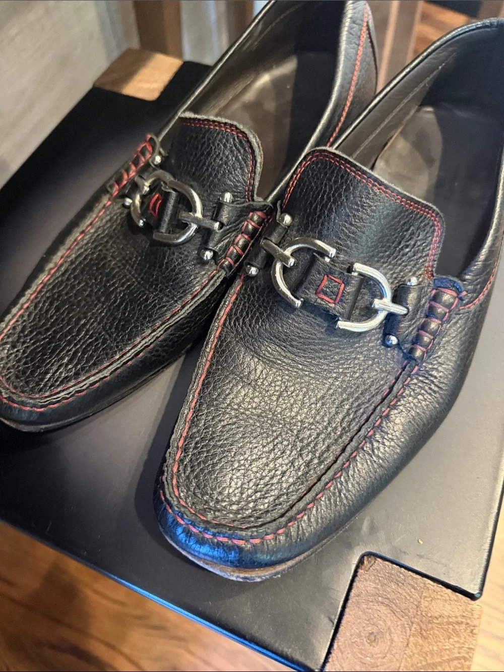 Donald J. Pliner Black Leather Bit Loafers with Red Stitching